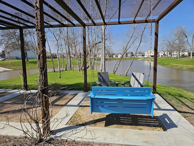 view of patio / terrace with a water view, a residential view, and a pergola