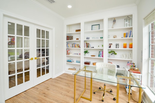 51 Asbury Park Ct, Sugar Land, TX 77479 - office area featuring french doors, recessed lighting, wood finished floors, visible vents, and ornamental molding