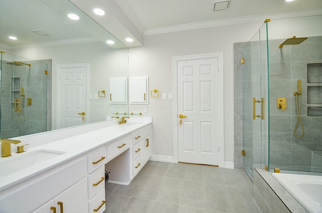 51 Asbury Park Ct, Sugar Land, TX 77479 - bathroom featuring crown molding, a sink, double vanity, recessed lighting, and a shower stall