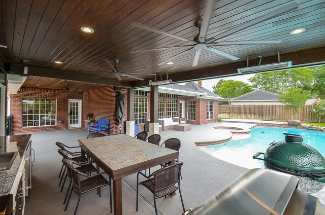 51 Asbury Park Ct, Sugar Land, TX 77479 - view of pool featuring a fenced backyard, a fenced in pool, ceiling fan, and a patio