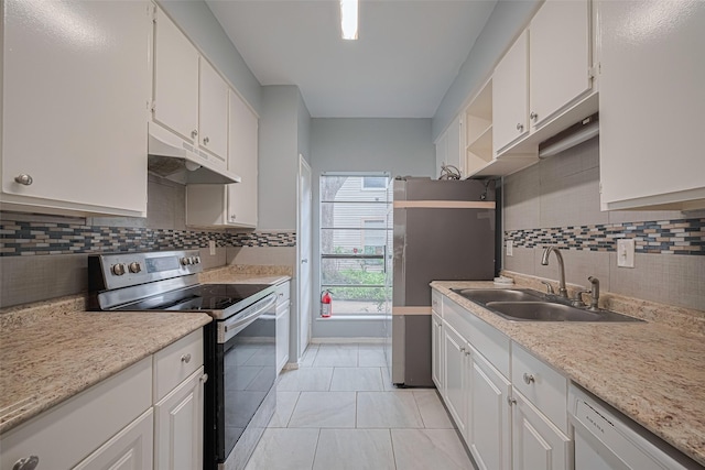 kitchen featuring light countertops, under cabinet range hood, a sink, dishwasher, and stainless steel range with electric cooktop