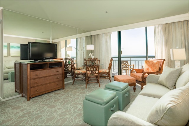 living room with light colored carpet, a wealth of natural light, and expansive windows