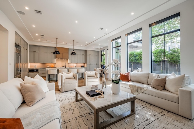 living area featuring recessed lighting and visible vents