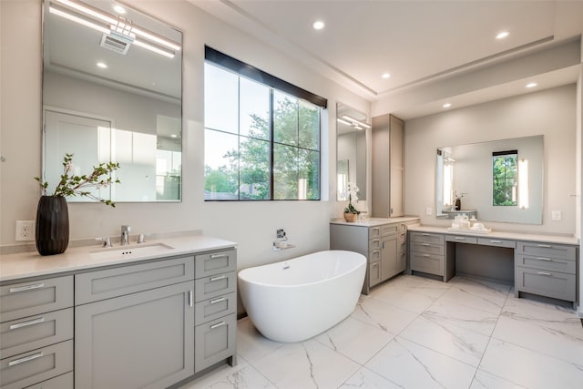 full bathroom with a sink, plenty of natural light, recessed lighting, and two vanities