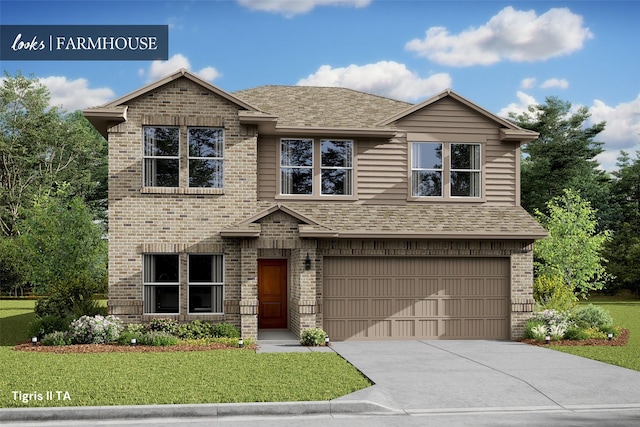 traditional home with roof with shingles, brick siding, a garage, a front yard, and concrete driveway