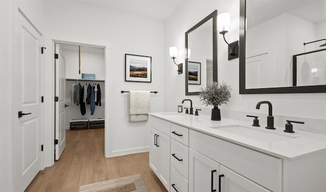 bathroom featuring double vanity, a sink, wood finished floors, and a shower stall