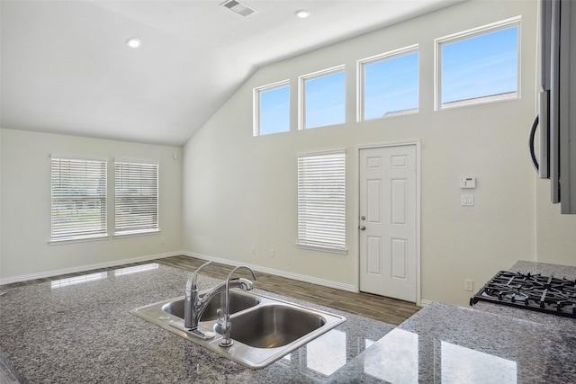 222 N Lynx Trl, Montgomery, TX 77316 - kitchen featuring a sink, high vaulted ceiling, recessed lighting, baseboards, and visible vents
