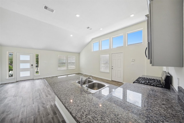 222 N Lynx Trl, Montgomery, TX 77316 - kitchen featuring a sink, range, dark stone counters, wood finished floors, and visible vents
