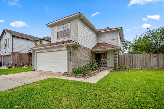 traditional-style home featuring fence, an attached garage, a front lawn, brick siding, and concrete driveway