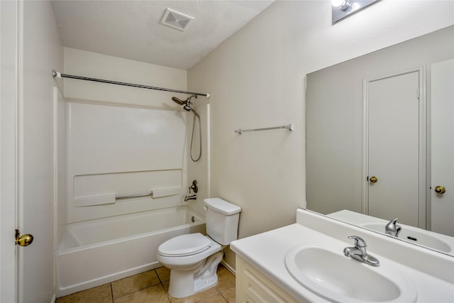 full bathroom with vanity, toilet, tile patterned floors, tub / shower combination, and visible vents
