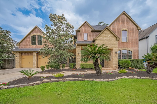 view of front of property featuring a garage, a front yard, driveway, and brick siding