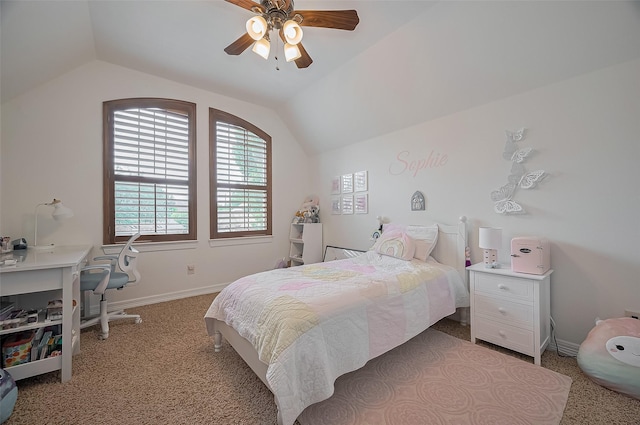 carpeted bedroom with baseboards, ceiling fan, and vaulted ceiling