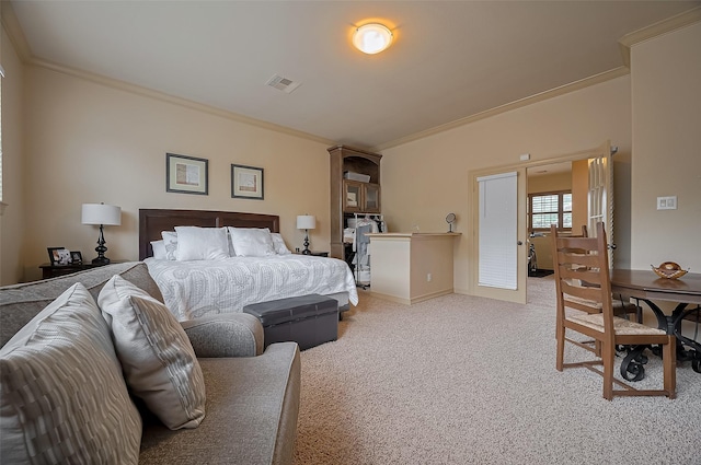 bedroom with baseboards, visible vents, ornamental molding, and light carpet