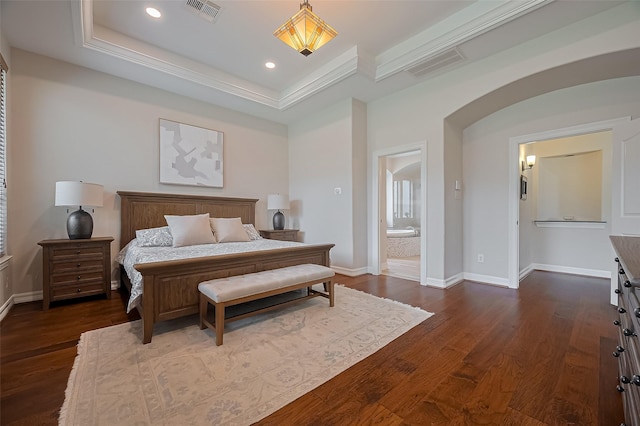 bedroom featuring recessed lighting, baseboards, dark wood finished floors, and visible vents