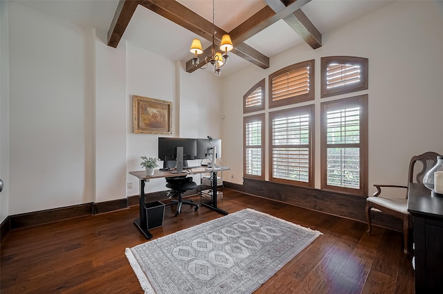 office area with wood-type flooring, baseboards, a chandelier, and beam ceiling