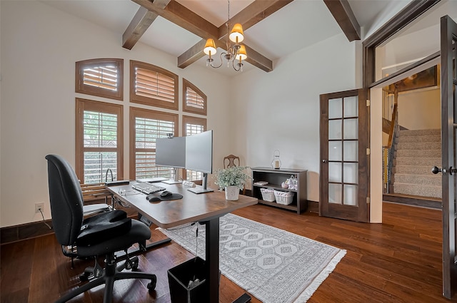 office space with an inviting chandelier, dark wood finished floors, and beam ceiling