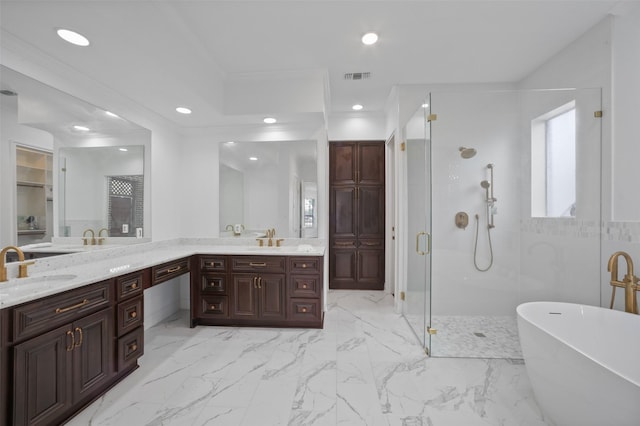 803 Mahogany Run Dr, Katy, TX 77494 - bathroom featuring a stall shower, a soaking tub, double vanity, recessed lighting, and marble finish flooring