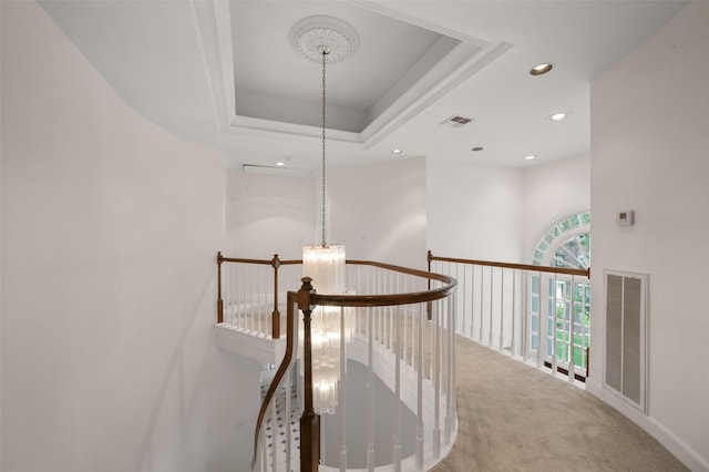 803 Mahogany Run Dr, Katy, TX 77494 - hall with an upstairs landing, recessed lighting, carpet flooring, and a tray ceiling