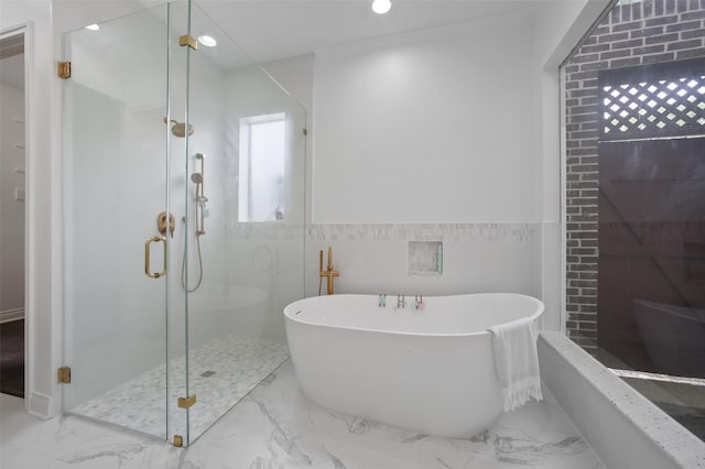 803 Mahogany Run Dr, Katy, TX 77494 - full bathroom with a shower stall, marble finish flooring, a soaking tub, a wainscoted wall, and recessed lighting