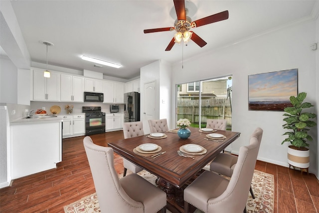 13003 Brutus Hill Ln, Houston, TX 77072 - dining room featuring visible vents, a ceiling fan, and dark wood-style floors