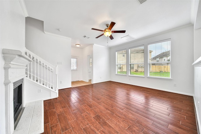 13003 Brutus Hill Ln, Houston, TX 77072 - unfurnished living room featuring plenty of natural light, a fireplace, a ceiling fan, and visible vents