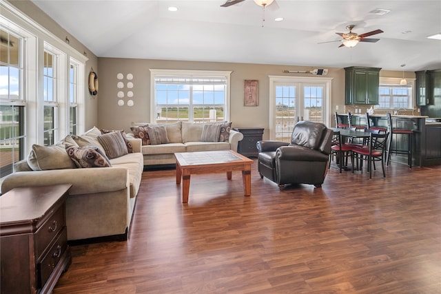 living area with recessed lighting, ceiling fan, visible vents, and dark wood-type flooring