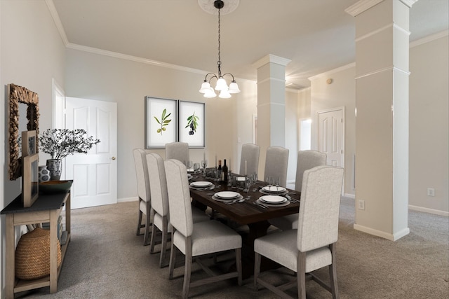 dining area with crown molding, baseboards, a notable chandelier, and carpet