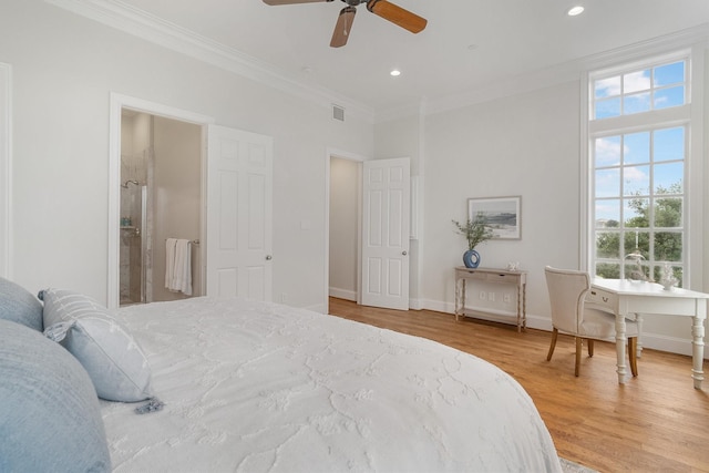 bedroom featuring baseboards, ornamental molding, wood finished floors, and recessed lighting