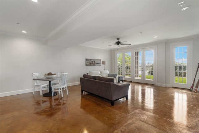 living area with crown molding, recessed lighting, baseboards, and ceiling fan