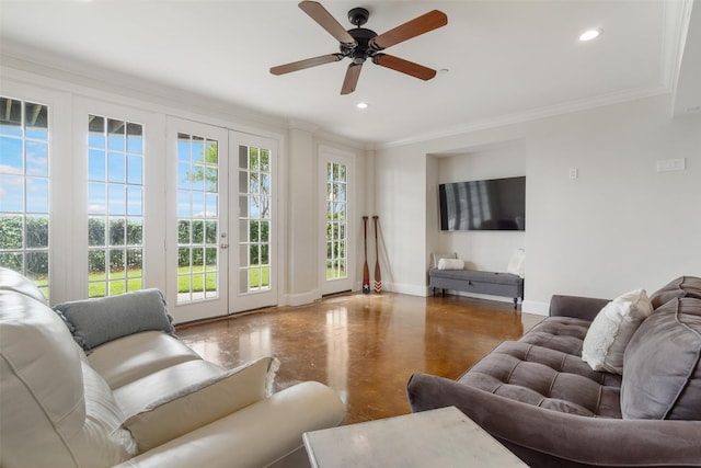 living area featuring ornamental molding, a ceiling fan, and recessed lighting