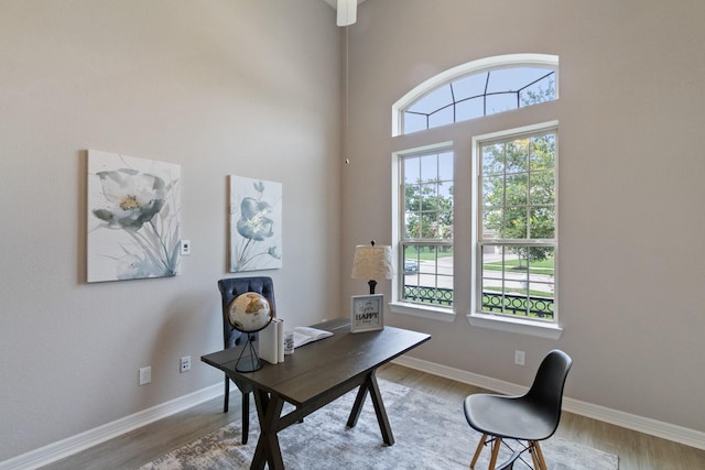 office space featuring baseboards and wood finished floors