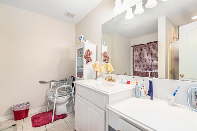 full bathroom with tile patterned flooring, vanity, baseboards, an enclosed shower, and visible vents