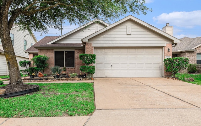 ranch-style home featuring concrete driveway, brick siding, a chimney, and a garage