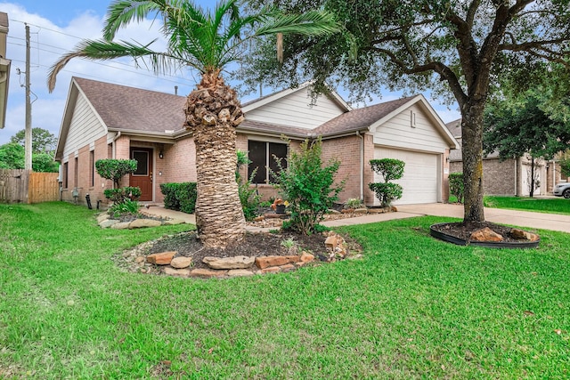 ranch-style house with fence, an attached garage, brick siding, a front yard, and concrete driveway