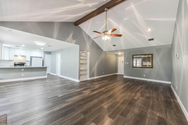 unfurnished living room with ceiling fan, baseboards, dark wood-type flooring, beamed ceiling, and visible vents