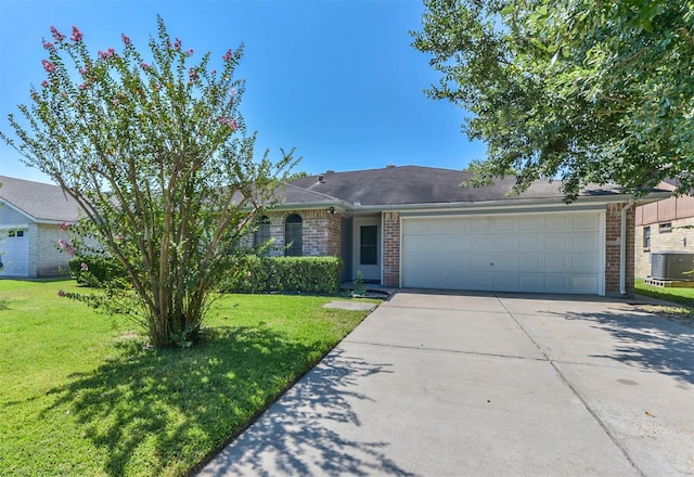 ranch-style home featuring central air condition unit, an attached garage, concrete driveway, and brick siding