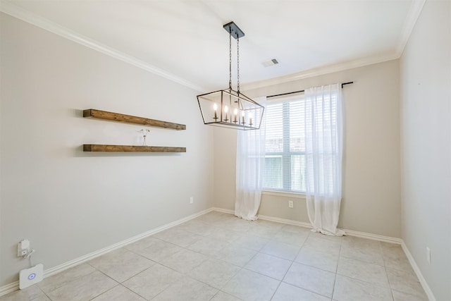 unfurnished room featuring visible vents, crown molding, light tile patterned floors, baseboards, and a chandelier
