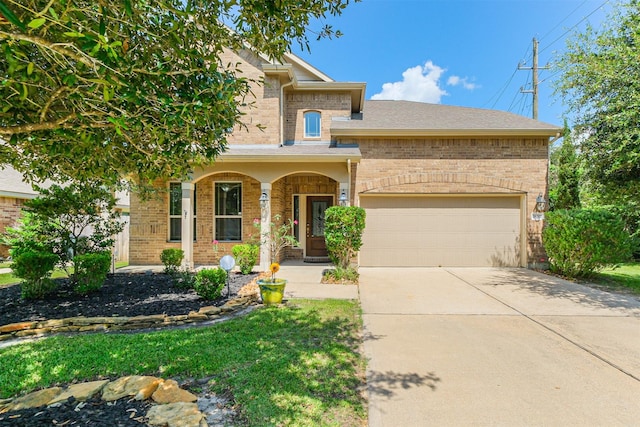 view of front of property featuring concrete driveway, brick siding, a shingled roof, and a garage