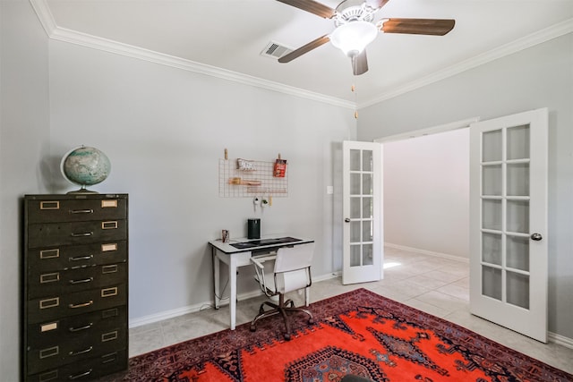 office featuring light tile patterned floors, ornamental molding, and french doors