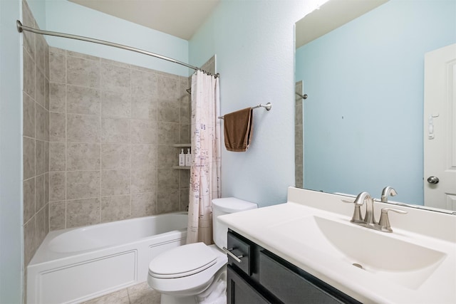 full bath with vanity, tile patterned floors, shower / bath combo with shower curtain, and toilet