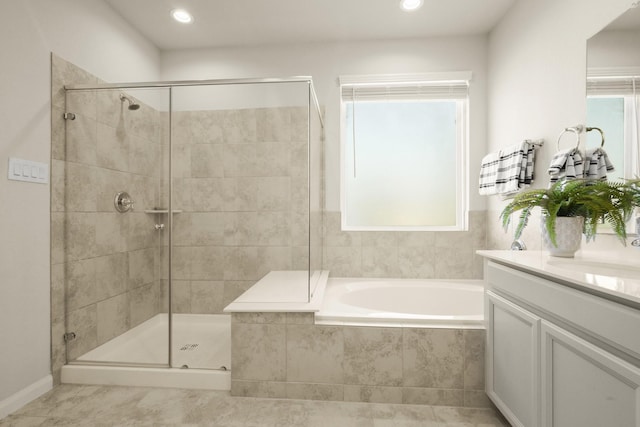 9904 Smokehouse Silo Ln, Houston, TX 77080 - bathroom featuring a bath, vanity, a shower stall, and recessed lighting