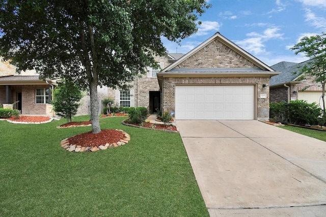 6315 Bain Dr, Missouri City, TX 77459 - view of front facade with brick siding, a garage, driveway, and a front yard
