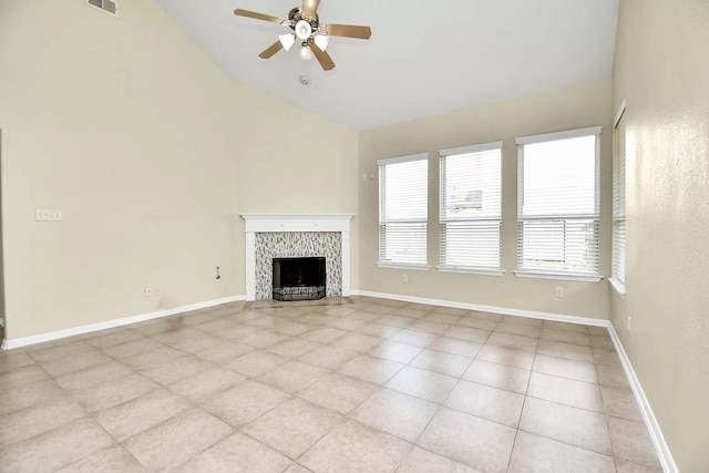 6315 Bain Dr, Missouri City, TX 77459 - unfurnished living room featuring visible vents, high vaulted ceiling, a tiled fireplace, a ceiling fan, and light tile patterned floors