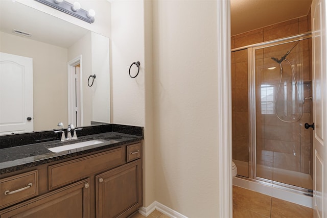 full bathroom with visible vents, tile patterned flooring, a stall shower, vanity, and toilet