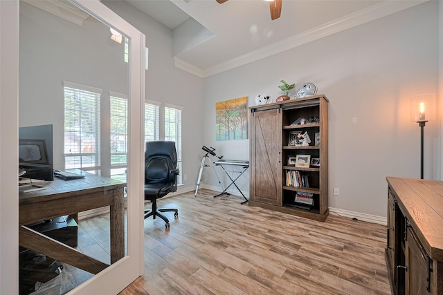 26210 Seminole Hill Ln, Katy, TX 77494 - office featuring light wood-style flooring, ornamental molding, baseboards, and ceiling fan