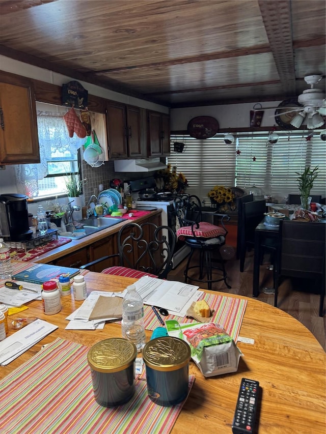 kitchen with ceiling fan, light countertops, under cabinet range hood, wooden ceiling, and a sink