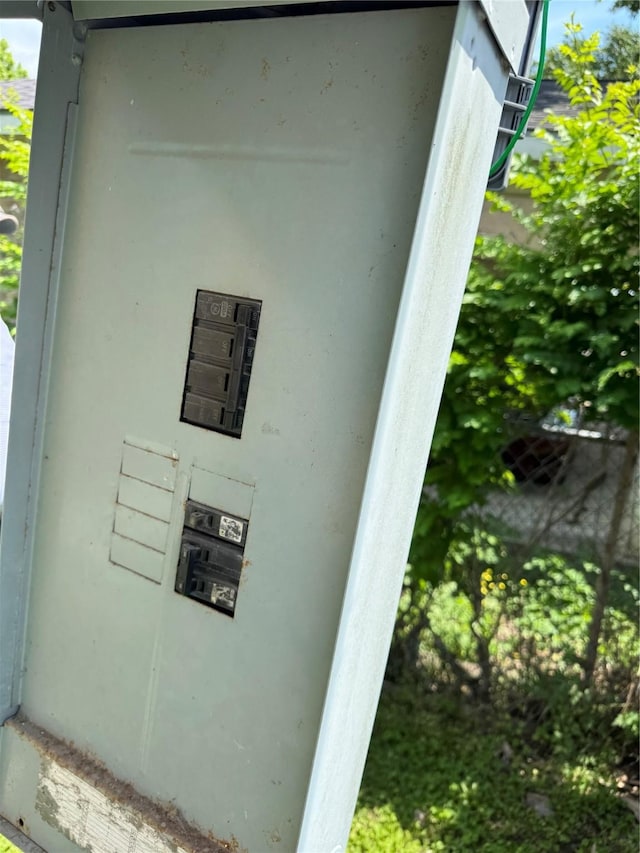 exterior details with stucco siding and electric panel