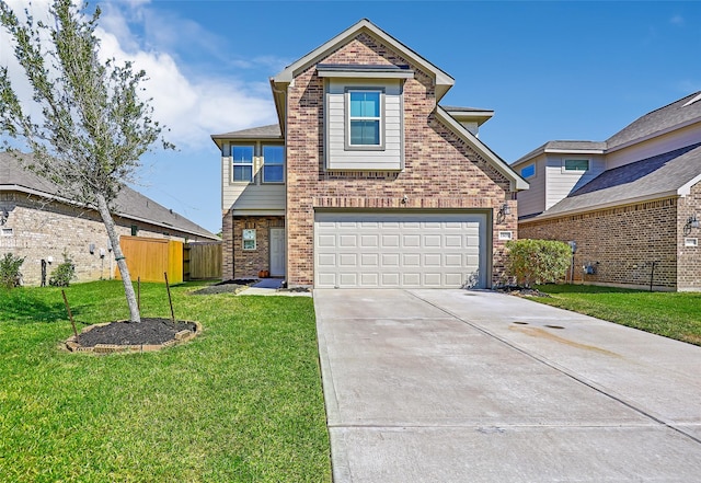traditional home featuring fence, a front yard, brick siding, concrete driveway, and an attached garage