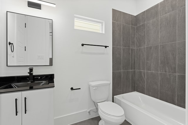 full bath featuring vanity, baseboards, shower / tub combination, and toilet
