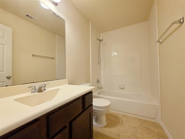 bathroom featuring vanity, washtub / shower combination, toilet, and visible vents